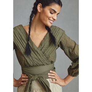 Anthropologie Olive Cropped Wrap Top Cotton Size 6 